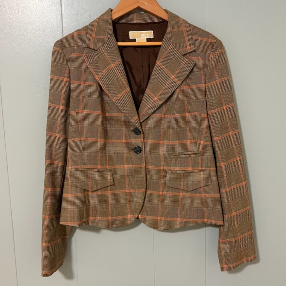 Michael by Michael Kors Brown Plaid Blazer Size 10 Lined Academia Collegiate